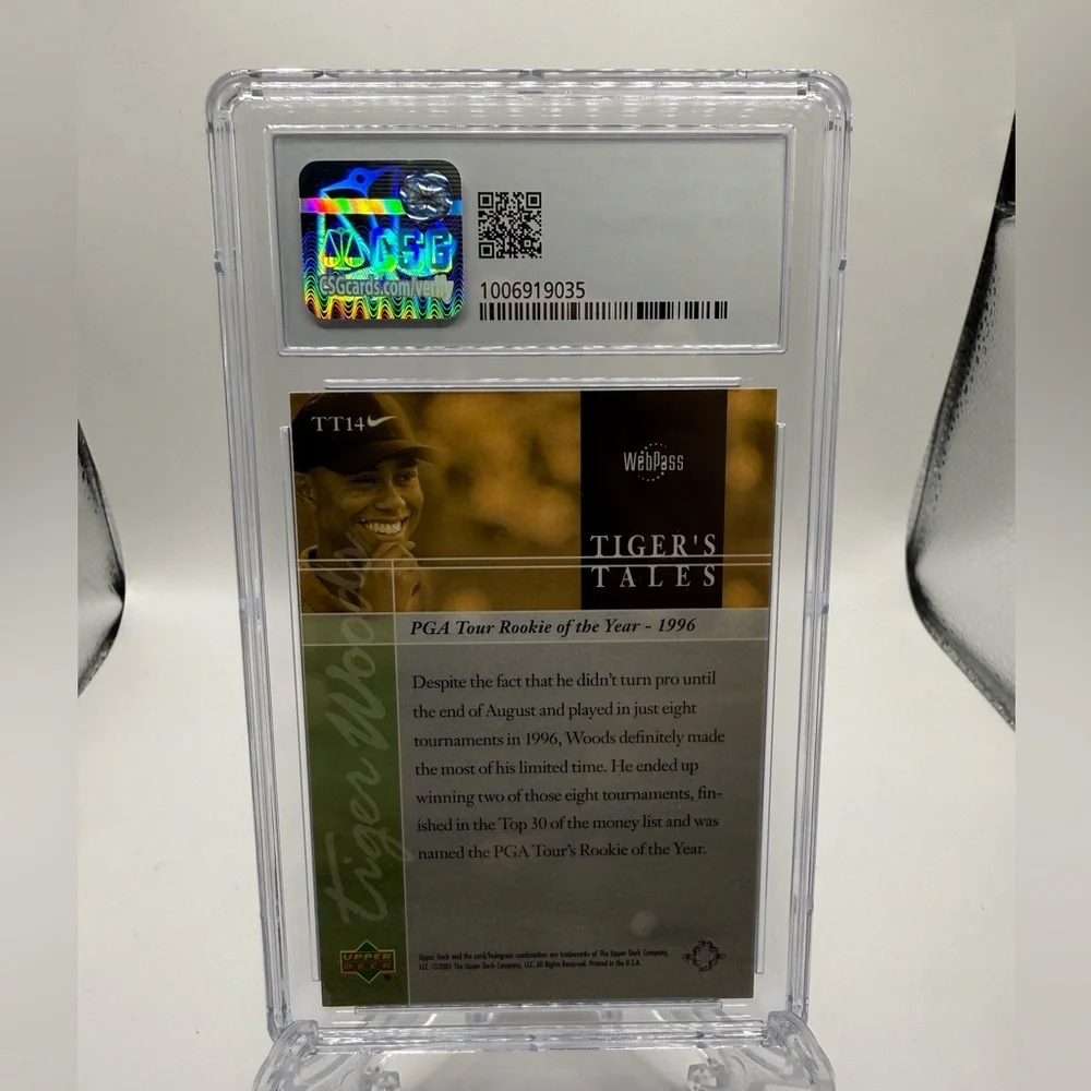 2001 Upper Deck Tiger Tales TT14 Tiger Woods RC CSG Gem Mint 9.5 Crystal Clear